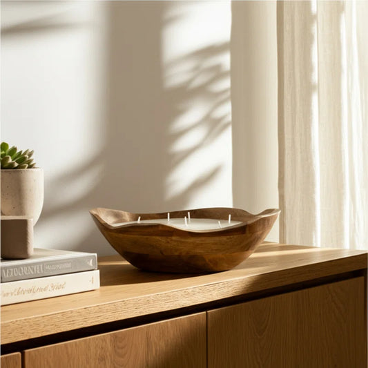 Indoor Mango Wood Wax Candle Bowl with Handcarved Organic Shape and Multi-Wick Design for Decorative Accent Display in Natural Wood Material