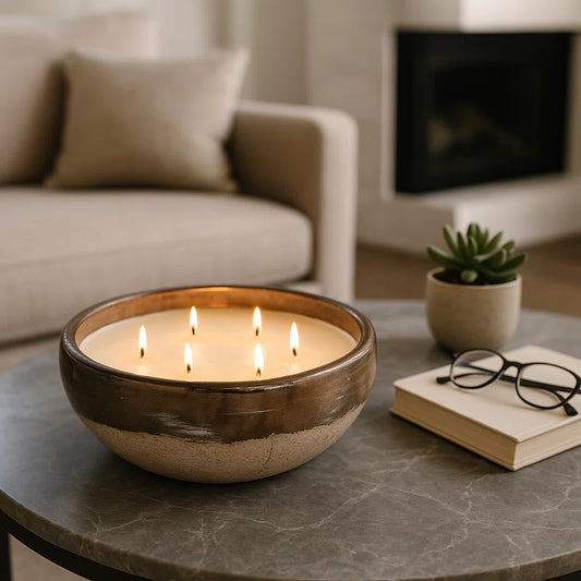 Decorative Terracotta Scented Bowl for Bookshelf - Modern Two Tone Decor Candle Living Room, Coffee Table, or Bedroom - 12"