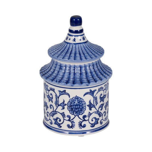 Goldene Ceramic Candle Jar Stoneware Pagoda-Inspired Design 8" Blue and White Home Decor