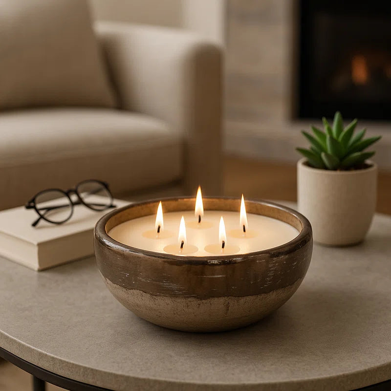 Decorative Terracotta Scented Bowl for Bookshelf - Modern Two Tone Decor Candle Living Room, Coffee Table, or Bedroom - 12"