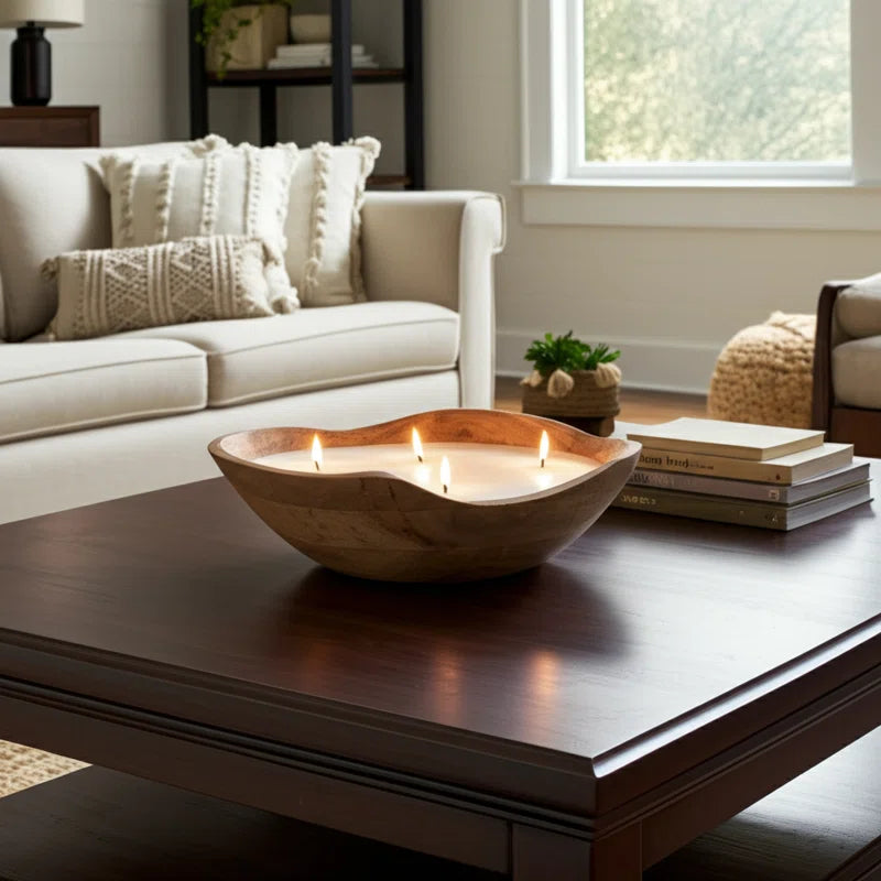Indoor Mango Wood Wax Candle Bowl with Handcarved Organic Shape and Multi-Wick Design for Decorative Accent Display in Natural Wood Material