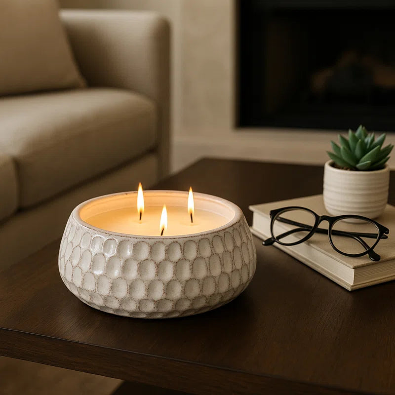Decorative Bowl French Cade & Lavander Scented Candle for Living Room Decor - Modern Soy Candle for Bookshelf, Coffee Table, or Bedroom - 9.5", White
