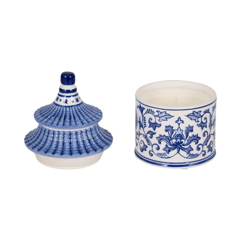 Goldene Ceramic Candle Jar Stoneware Pagoda-Inspired Design 8" Blue and White Home Decor