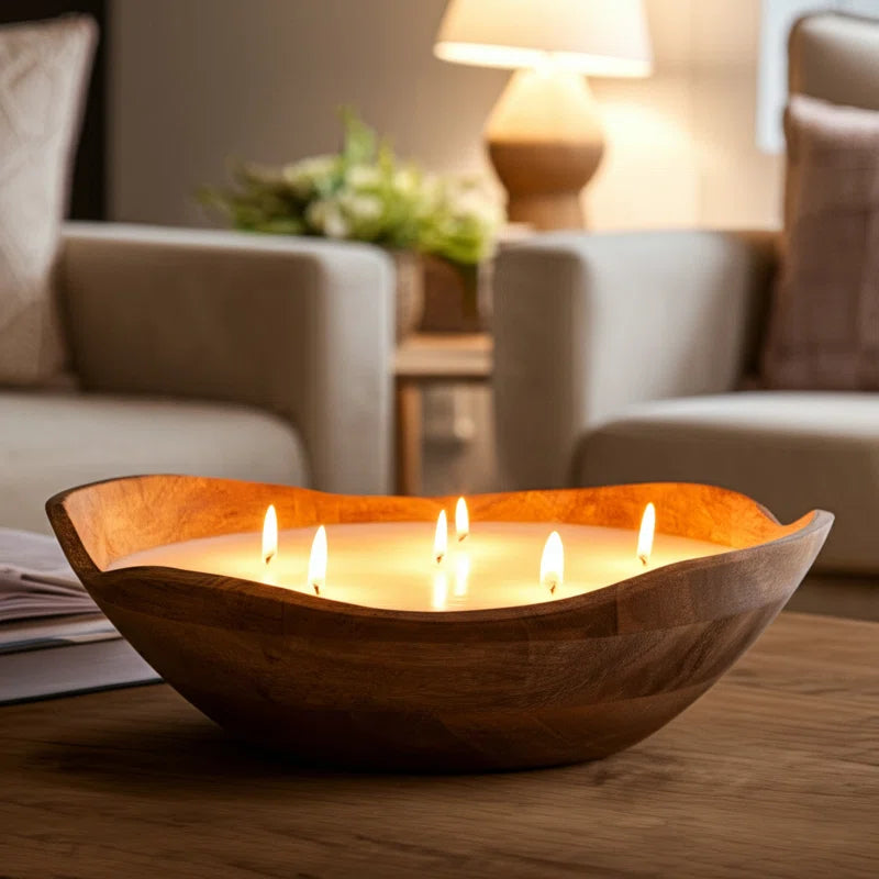 Indoor Mango Wood Wax Candle Bowl with Handcarved Organic Shape and Multi-Wick Design for Decorative Accent Display in Natural Wood Material