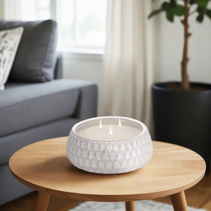 Decorative Bowl French Cade & Lavander Scented Candle for Living Room Decor - Modern Soy Candle for Bookshelf, Coffee Table, or Bedroom - 9.5", White